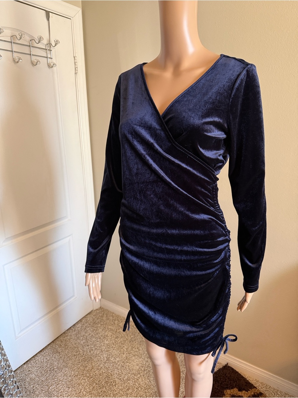 Midnight Blue Velvet Wrap-Style Long Sleeve Dress